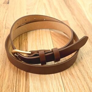Brown thin faux leather belt gold toned buckle size Med